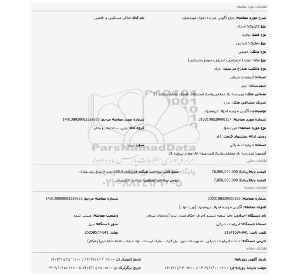 مزایده، آگهـی مـزایده امـوال غیرمنقـول