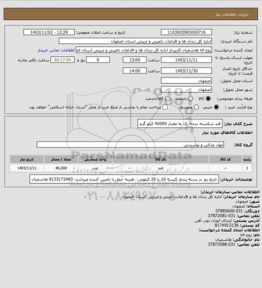 استعلام قند شکسته درجه یک به مقدار 40000 کیلو گرم