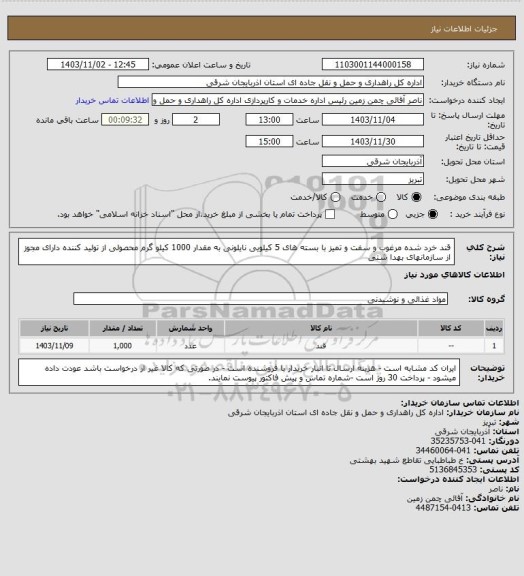 استعلام قند خرد شده مرغوب و سفت و تمیز با بسته های  5 کیلویی نایلونی به مقدار 1000 کیلو گرم محصولی از تولید کننده دارای مجوز از سازمانهای بهدا شتی