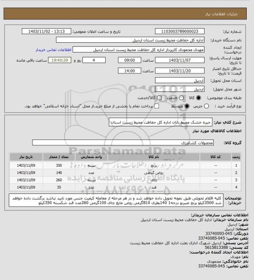 استعلام جیره خشک محیط بانان اداره کل حفاظت محیط زیست استان