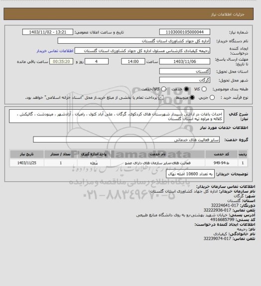 استعلام احداث باغات در اراضی شیبدار شهرستان های کردکوی، گرگان ، علی آباد کتول ، رامیان ، آزادشهر ، مینودشت ، گالیکش ، کلاله و مراوه تپه استان گلستان