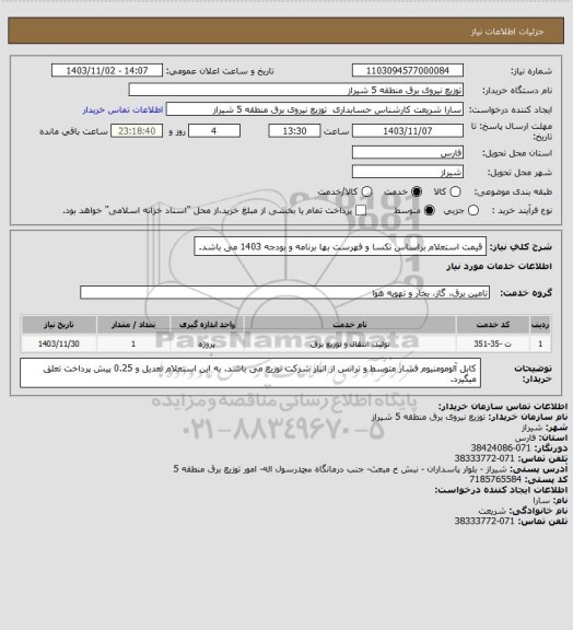 استعلام قیمت استعلام براساس تکسا و فهرست بها برنامه و بودجه 1403 می باشد.