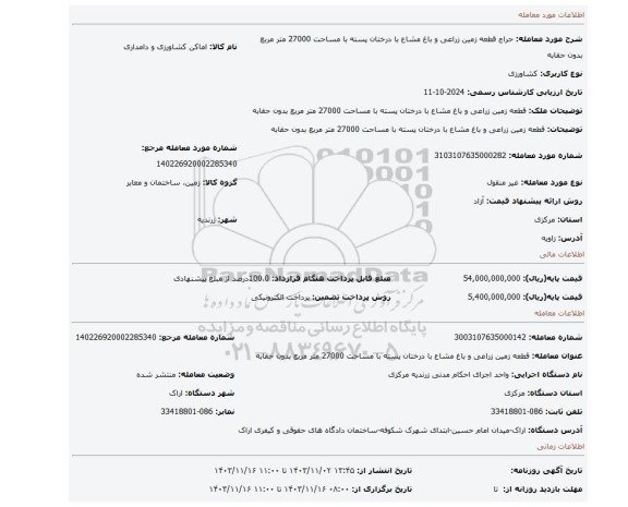 مزایده، قطعه زمین زراعی و باغ مشاع با درختان پسته با مساحت 27000 متر مربع بدون حقابه