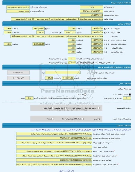 مزایده ، فروش عرصه و اعیان بلوک های 4 واحدی مسکونی نیمه تمام در ناحیه 4 شهر جدید رامین ( 24 بلوک 4 واحدی مجمو -مزایده ساختمان  -