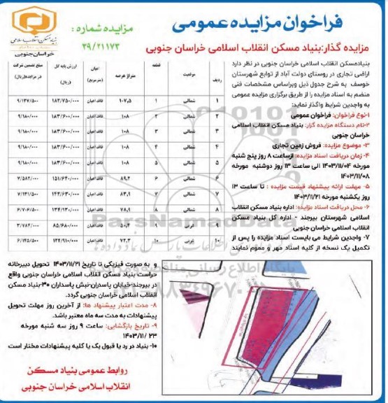 مزایده واگذاری اراضی تجاری