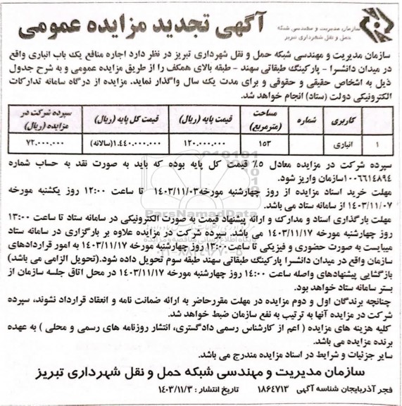 تجدید مزایده عمومی اجاره منابع یک باب انباری