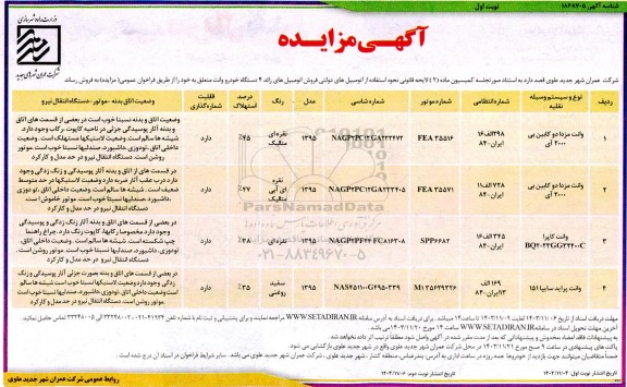 مزایده فروش اتومبیل های زائد 4 دستگاه خودرو وانت  