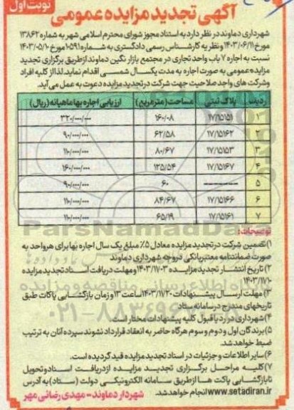 تجدید مزایده اجاره 7 باب واحد تجاری- نوبت دوم