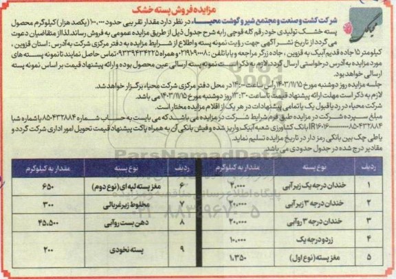 مزایده فروش پسته خشک