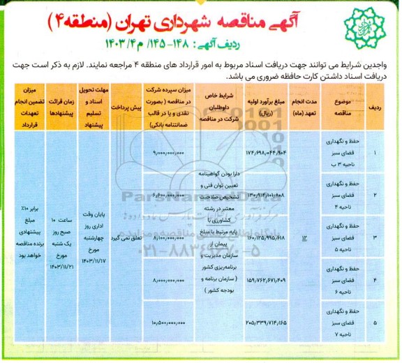 مناقصه حفظ و نگهداری فضای سبز ناحیه