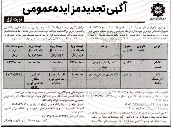 مزایده بهره برداری از یکباب تجاری تجدید