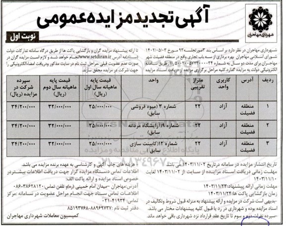 تجدید مزایده بهره برداری از سه باب تجاری 