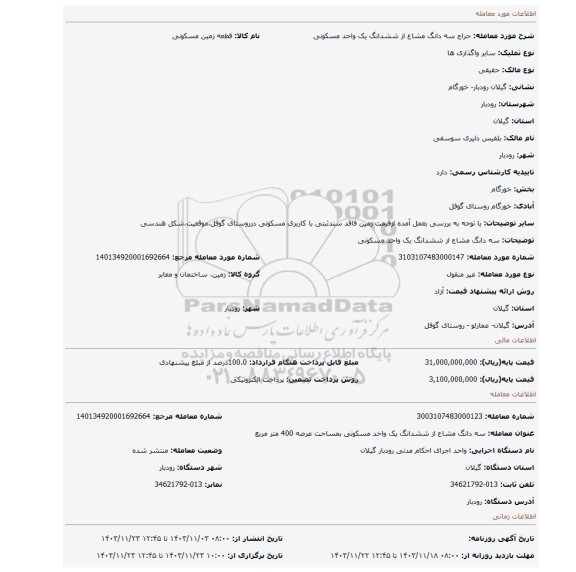 مزایده، سه دانگ مشاع از ششدانگ یک واحد مسکونی