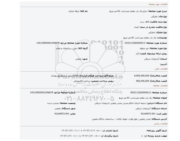 مزایده، یک باب مغازه بمساحت 61 متر مربع