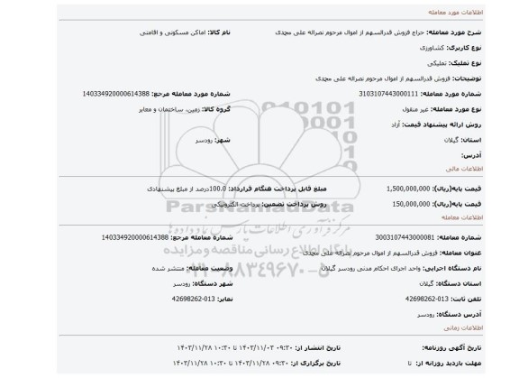 مزایده، فزوش قدرالسهم از اموال مرحوم نصراله علی محمدی