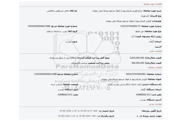 مزایده، فزوش قدرالسهم از اموال مرحوم نصراله علی محمدی