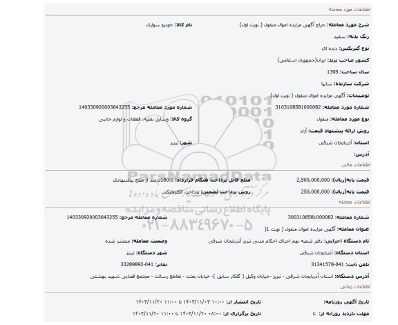 مزایده، آگهی مزایده اموال منقول ( نوبت اول)