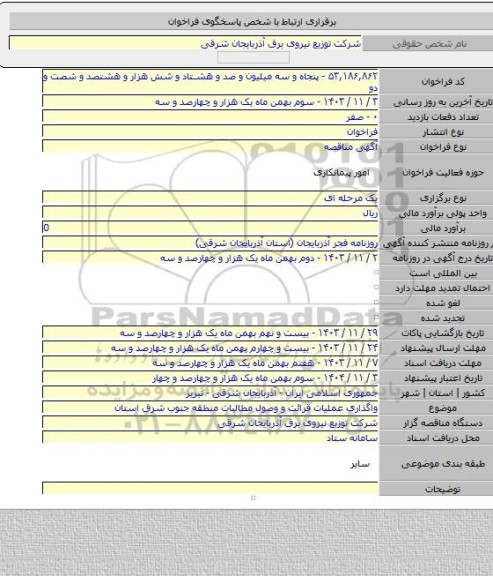 مناقصه, واگذاری عملیات قرائت و وصول مطالبات منطقه جنوب شرق استان