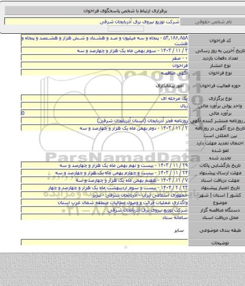مناقصه, واگذاری عملیات قرائت و وصول مطالبات منطقه شمال غرب استان