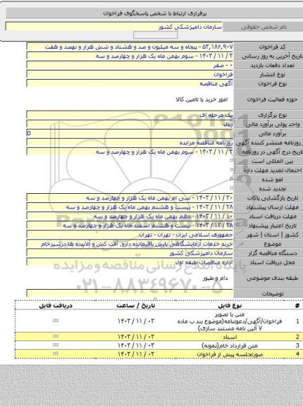مناقصه, خرید خدمات آزمایشگاهی پایش باقیمانده دارو٬ آفت کش و آلاینده ها درشیرخام