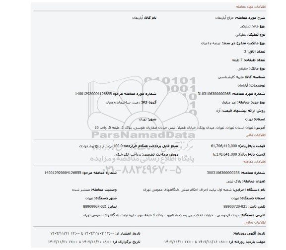 مزایده، آپارتمان