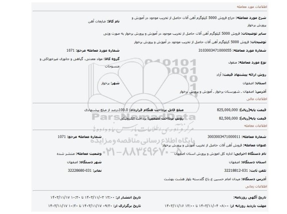 مزایده، فروش 5000 کیلوگرم آهن آلات حاصل از تخریب موجود در آموزش و پرورش برخوار