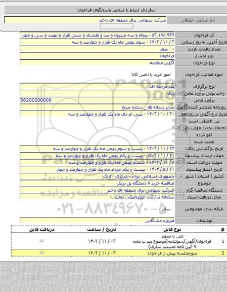 مناقصه, مناقصه خرید ۸ دستگاه پل بریکر