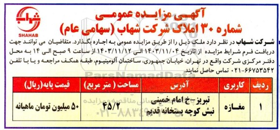 مزایده ملک با کاربری مغازه