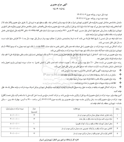 آگهی حراج حضوری بهره برداری از تعدادی غرف...