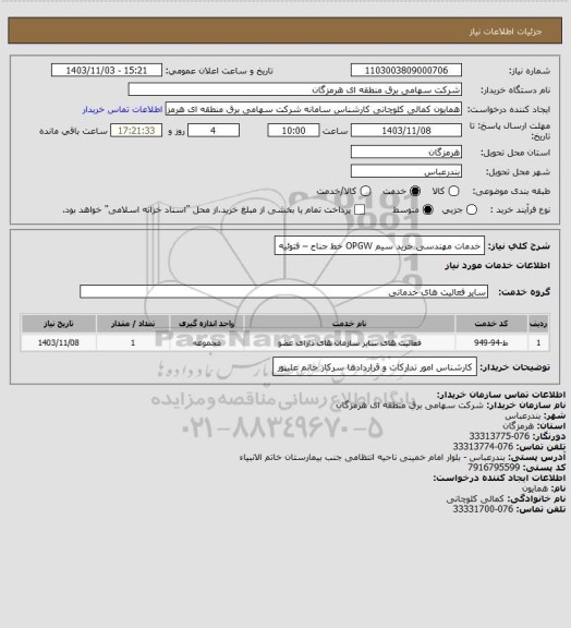 استعلام خدمات مهندسی خرید سیم OPGW خط جناح – فتوئیه
