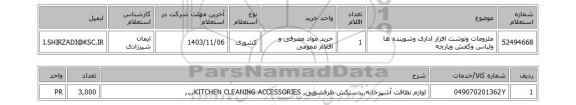 استعلام ملزومات ونوشت افزار اداری وشوینده ها ولباس وکفش وپارچه