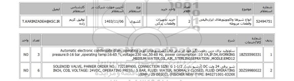 استعلام انواع شیرها واکچویتورهای ابزاردقیقی وقطعات مربوطه
