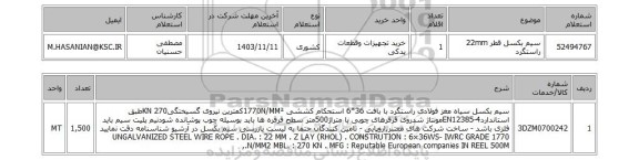 استعلام سیم بکسل قطر 22mm راستگرد