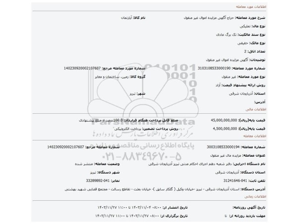 مزایده، آگهی مزایده اموال غیر منقول