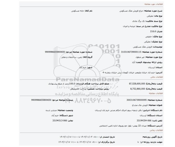 مزایده، فروش ملک مسکونی