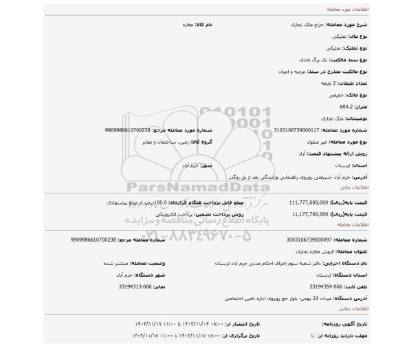 مزایده، ملک تجاری