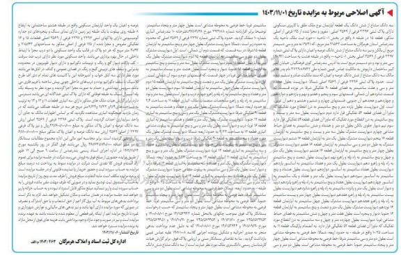 اصلاحیه مزایده فروش سه دانگ مشاع از ششدانگ یک قطعه آپارتمان با کاربری مسکونی