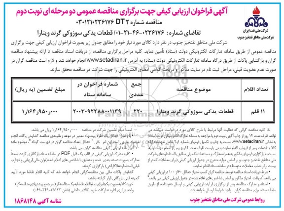 فراخوان ارزیابی کیفی مناقصه قطعات یدکی سوزوکی گرند ویتارا- نوبت دوم 