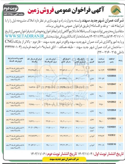 فراخوان عمومی فروش زمین نوبت دوم