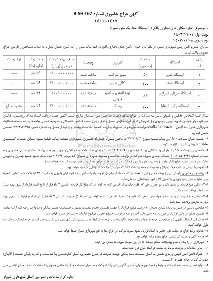 حراج حضوری اجاره مکان های تجاری واقع در خط یک مترو