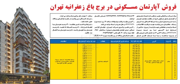مزایده فروش آپارتمان مسکونی در برج باغ زعفرانیه
