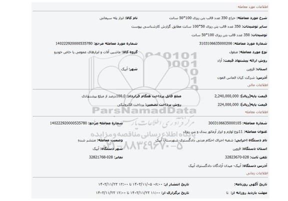 مزایده،  350 عدد قالب بتن ریزی  100*50 سانت