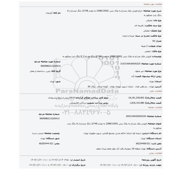 مزایده، فروش  ملک مشاع به پلاک ثبتی 2398/10502 به مقدار 2/748 دانگ مشاع از 6 دانگ بابت محکوم به