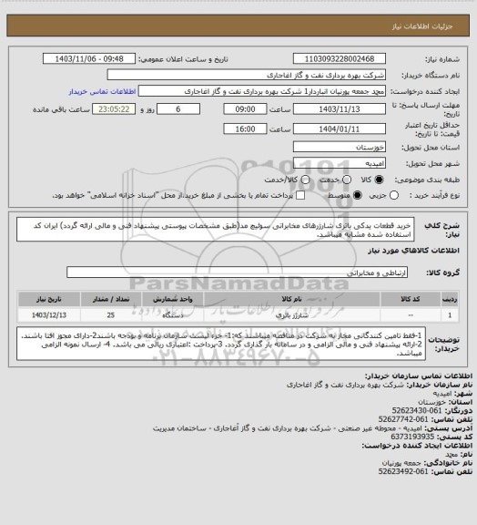 استعلام خرید قطعات یدکی باتری شارژرهای مخابراتی سوئیچ مد(طبق مشخصات پیوستی پیشنهاد فنی و مالی ارائه گردد)
ایران کد استفاده شده مشابه میباشد.