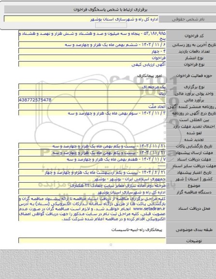 مناقصه, مرحله دوم آماده سازی معابر سایت چغادک ۳۲ هکتاری