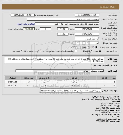 استعلام پروژکتور خیابانی 200 وات ال ای دی مدل ستاره L برند گلنور 15 عدد ، چراغ سقفی  100 عدد  مدل مارال از برند گلنور 18 وات 4000 K