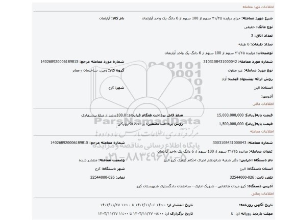 مزایده، مزایده ۳۱/۲۵ سهم از 100 سهم از 6 دانگ یک واحد آپارتمان