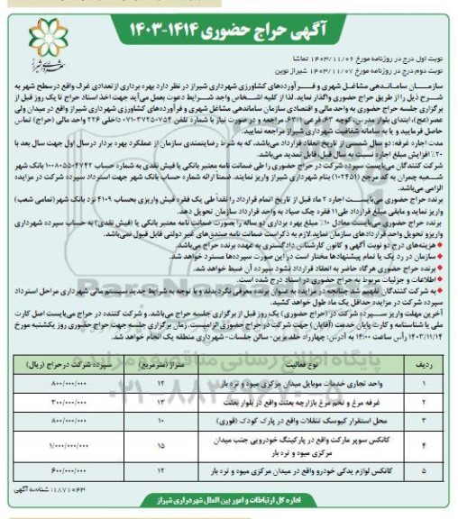 حراج حضوری بهره برداری از تعدادی غرف واقع در سطح شهر نوبت دوم