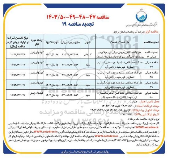 آگهی تجدید  حفر چاه دستگاهی به روش دورانی شهر میلاجرد و روستاهای خاتم آباد..