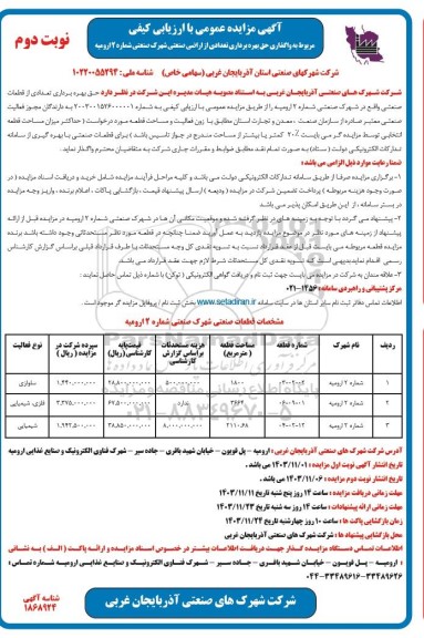 مزایده عمومی با ارزیابی کیفی حق بهره برداری تعدادی از اراضی صنعتی شهرک صنعتی شماره 2